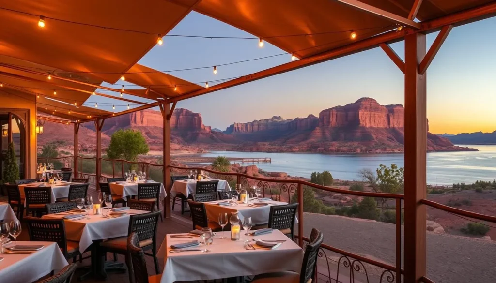 Outdoor dining with a view of Lake Powell at sunset