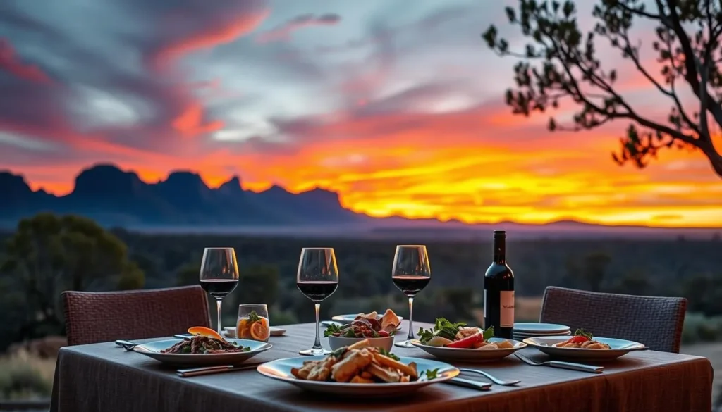 Outdoor dining with a view of the Flinders Ranges at sunset, featuring local cuisine and wine