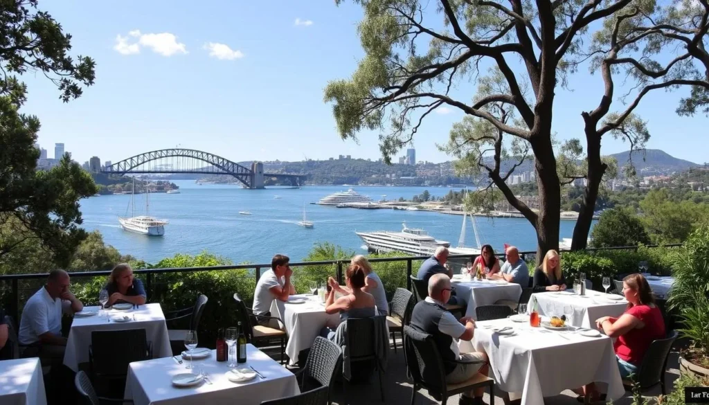Outdoor dining with harbor views at Nielsen Park Cafe in Sydney Harbour National Park