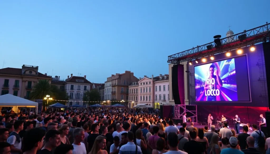 Outdoor music festival in Toulouse with pink buildings in background during summer evening