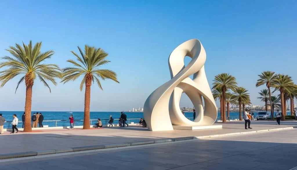 Outdoor sculpture on Jeddah Corniche with Red Sea in background
