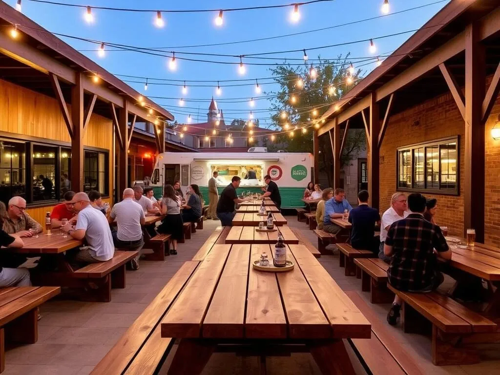 Outdoor seating area at Whitestone Brewery with people enjoying craft beers Outdoor seating area at Whitestone Brewery with people enjoying craft beers