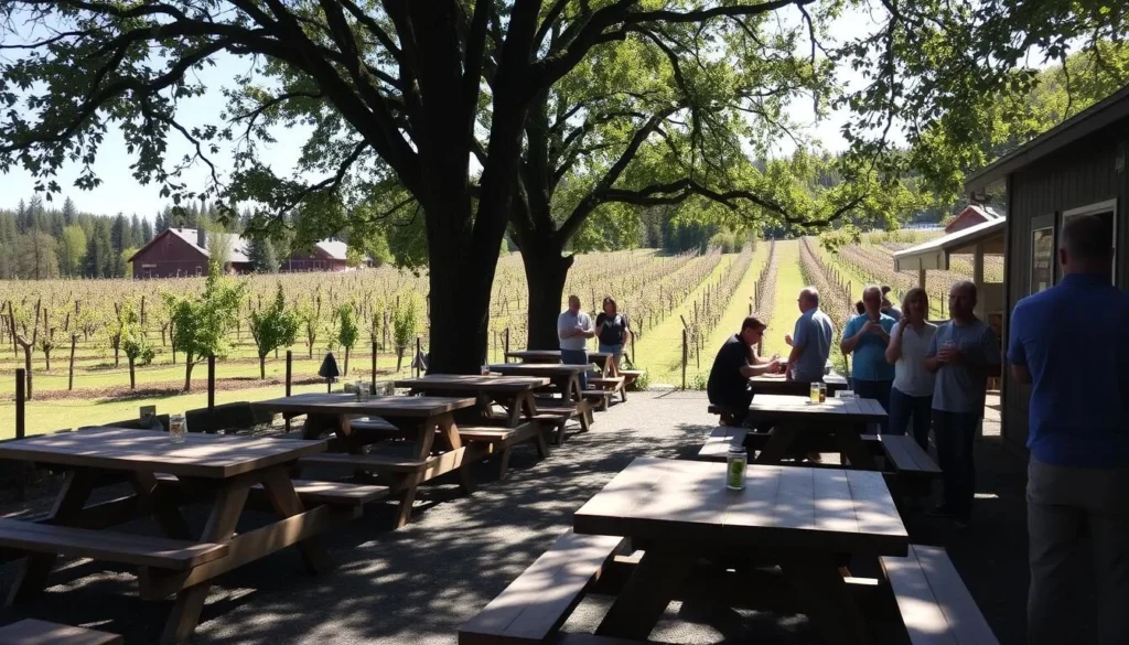 Outdoor tasting area at Dragon's Head Cider on Vashon Island with apple orchard in background Outdoor tasting area at Dragon's Head Cider on Vashon Island with apple orchard in background