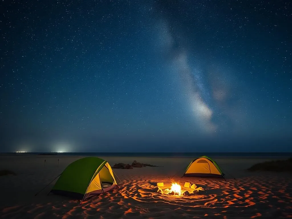 Overnight camping setup at Dukhan Beach under starry sky