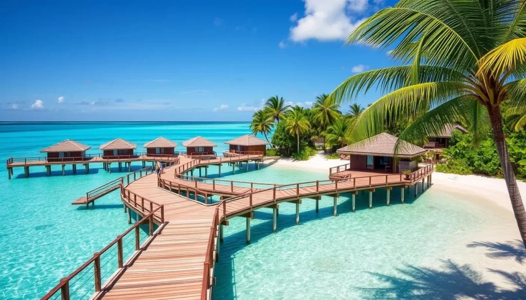 Overwater bungalows at a resort in the Bay Islands Honduras with clear turquoise water below