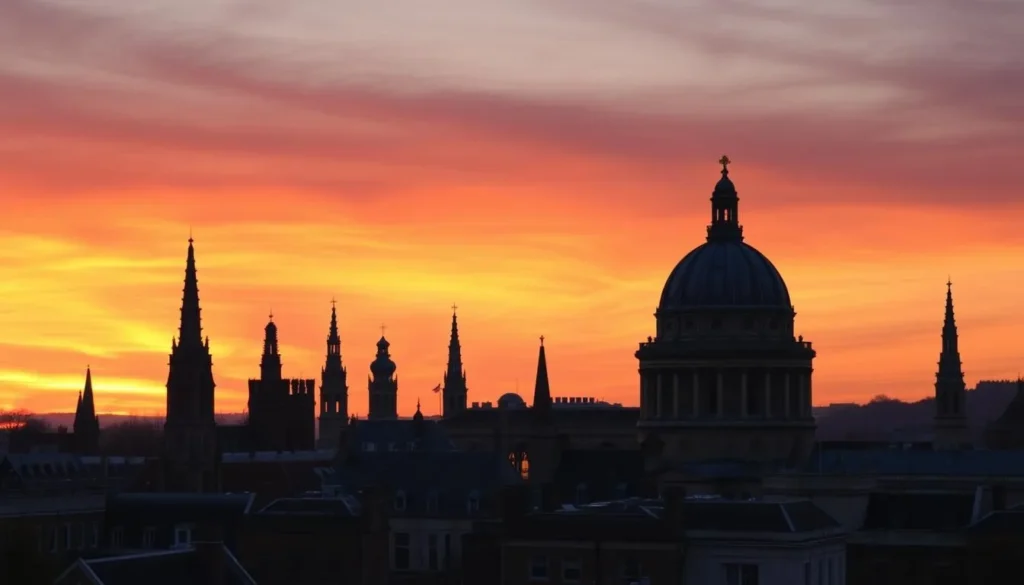 Oxford skyline at sunset showing the famous 'dreaming spires' - Oxford England best things to do Oxford skyline at sunset showing the famous 'dreaming spires' - Oxford England best things to do