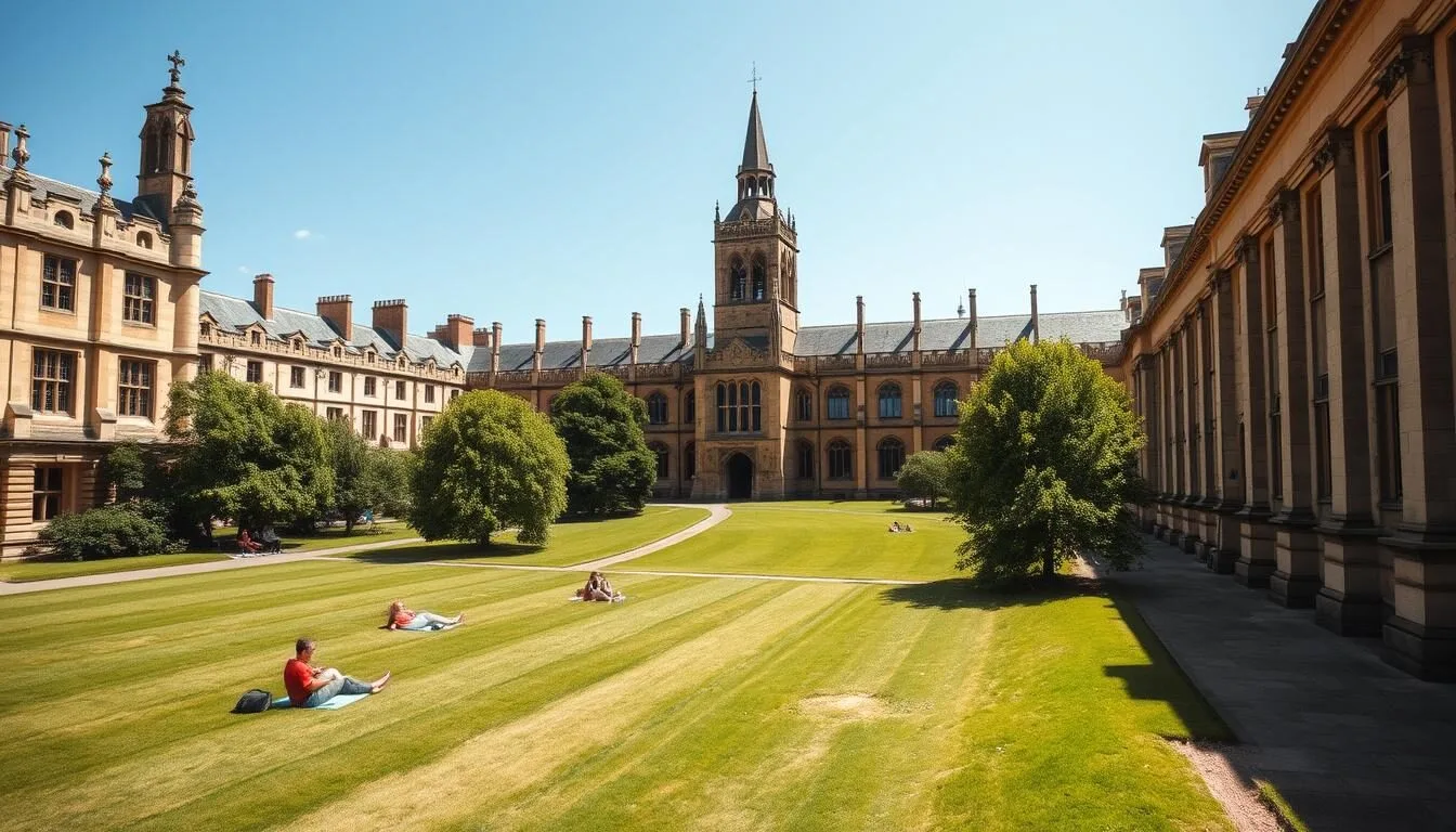 Oxfords-Christ-Church-College-and-meadow-in-summer-with-blue-skies-and-greenery-Oxford Oxford's Christ Church College and meadow in summer with blue skies and greenery - Oxford England best things to do