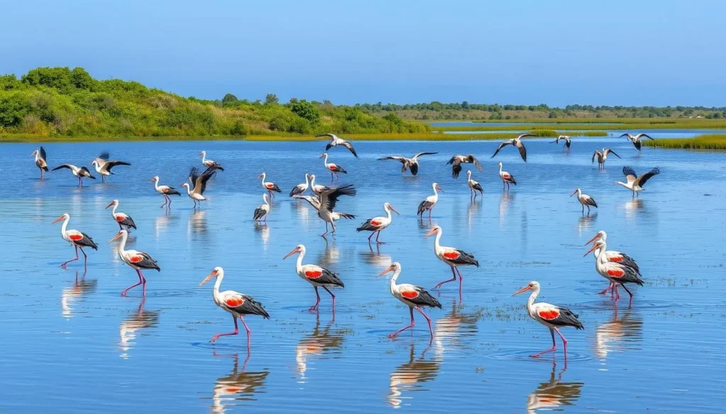 Painted storks and other migratory birds gathered at Kumana wetlands during peak season in Sri Lanka
