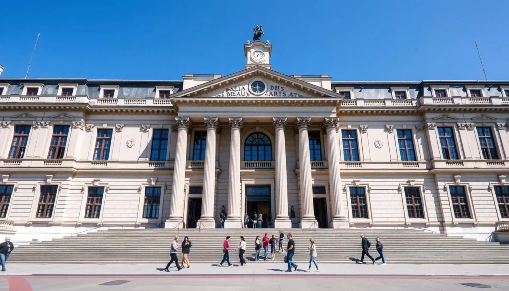 Palais des Beaux-Arts facade in Lille France with visitors entering on a clear day