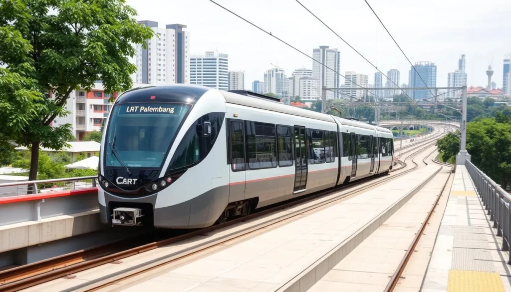 Palembang Light Rail Transit (LRT) train passing through the city