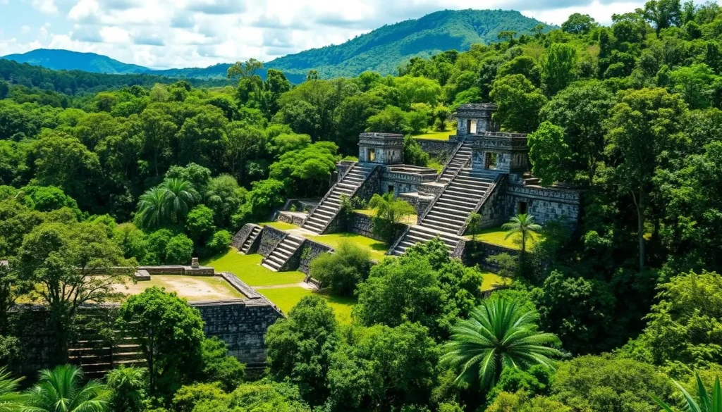 Palenque Mayan ruins surrounded by jungle in Chiapas