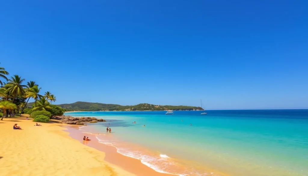 Palm Cove beach during dry season with clear blue skies, calm waters, and people enjoying the beach