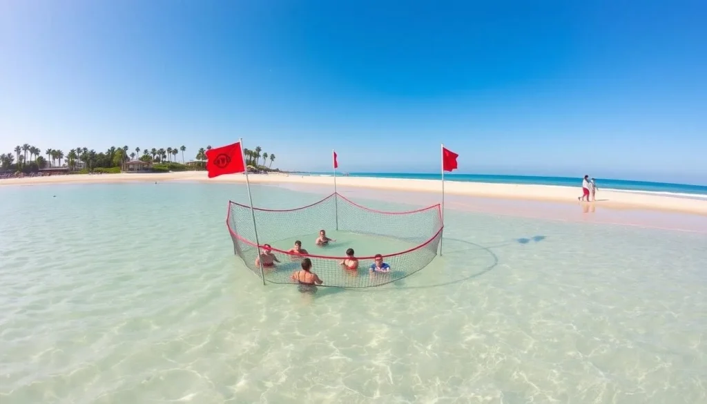 Palm Cove beach with stinger enclosure and people swimming in the clear blue water