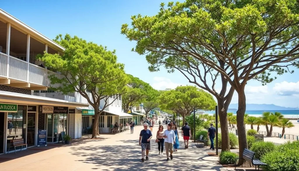 Palm Cove esplanade with shops, restaurants and melaleuca trees providing shade