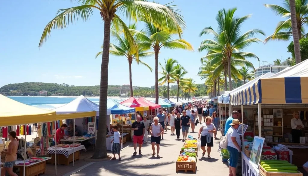 Palm Cove monthly markets with stalls under palm trees selling local crafts and produce