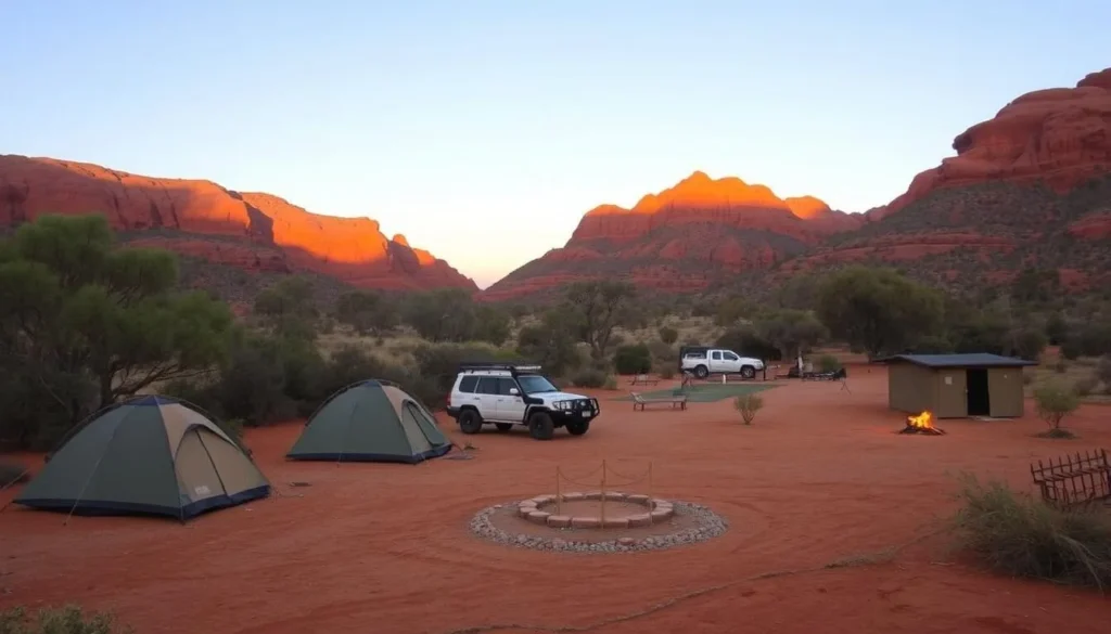 Palm Valley Campground in Finke Gorge National Park at sunset Palm Valley Campground in Finke Gorge National Park at sunset