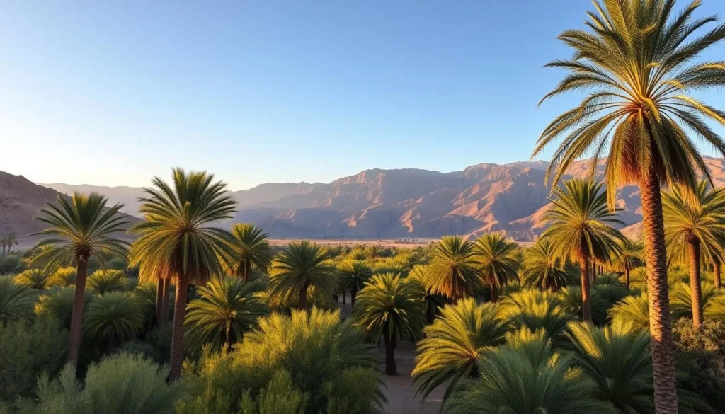 Palm-filled Ammeln Valley oasis near Tiznit with dramatic mountain backdrop