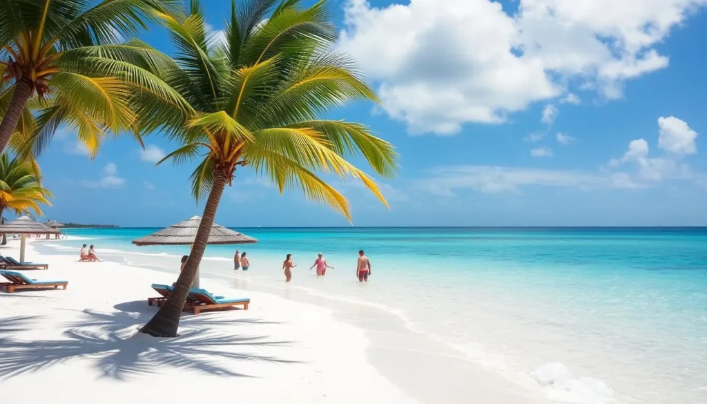 Palm-lined Playa Palancar beach with white sand and turquoise waters within the marine park boundaries Palm-lined Playa Palancar beach with white sand and turquoise waters within the marine park boundaries