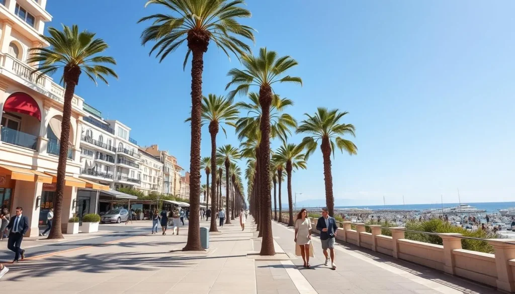 Palm-lined boulevard of La Croisette in Cannes with pedestrians enjoying a sunny day Palm-lined boulevard of La Croisette in Cannes with pedestrians enjoying a sunny day