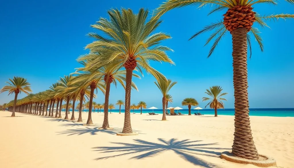 Palm trees lining the white sandy beaches of Duqm Beach in Umluj, Saudi Arabia Palm trees lining the white sandy beaches of Duqm Beach in Umluj, Saudi Arabia