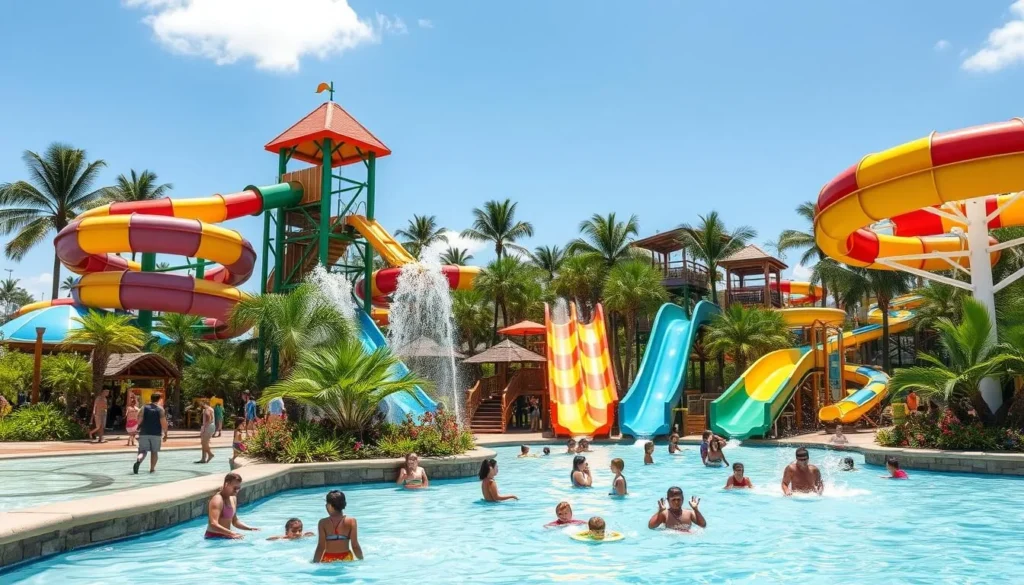 Palmerston Water Park showing the large water slides and splash areas with families enjoying activities Palmerston Water Park showing the large water slides and splash areas with families enjoying activities