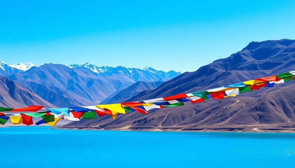 Pangong Lake's brilliant blue waters with mountains reflected in the surface and prayer flags fluttering in the foreground