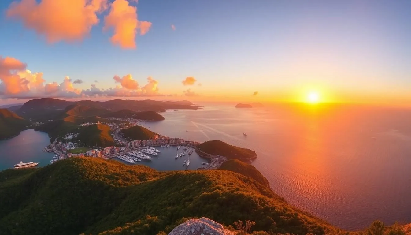 Panoramic sunset view from Shirley Heights Lookout over English Harbour, Antigua and Barbuda