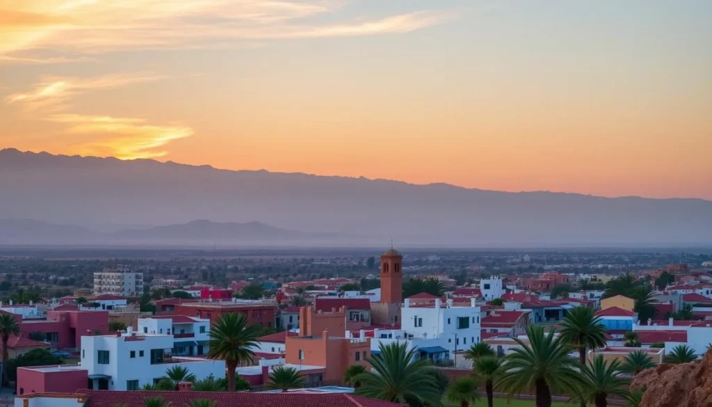 Panoramic sunset view of Ait Melloul with Atlas Mountains in the background