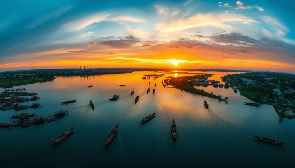 Panoramic sunset view of Banjarmasin with rivers, traditional boats, and city skyline