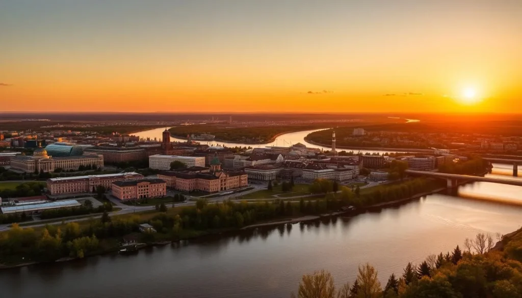 Panoramic sunset view of Barnaul cityscape with the Ob River and surrounding landscape