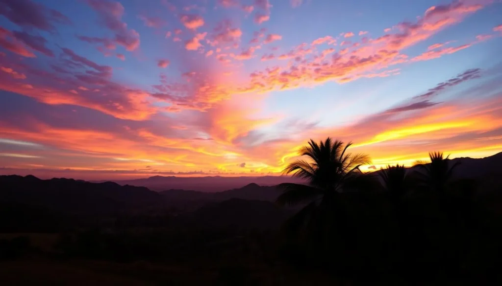Panoramic sunset view of Cocora Valley with silhouettes of wax palms against colorful sky Panoramic sunset view of Cocora Valley with silhouettes of wax palms against colorful sky