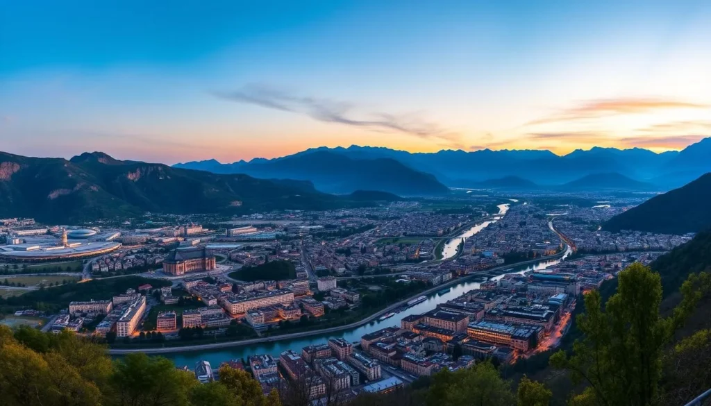 Panoramic sunset view of Grenoble from La Bastille during summer, showcasing why these are the best months to visit Panoramic sunset view of Grenoble from La Bastille during summer, showcasing why these are the best months to visit