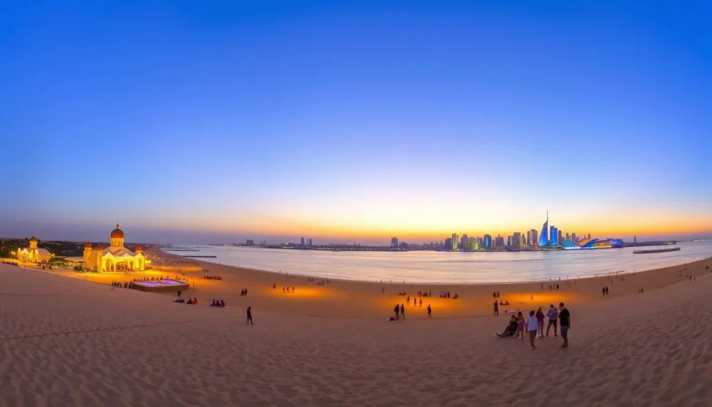 Panoramic sunset view of Katara Beach with cultural village buildings Panoramic sunset view of Katara Beach with cultural village buildings