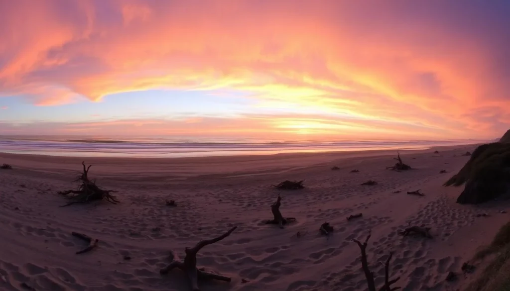 Panoramic sunset view of Manchester State Beach with dramatic sky and coastline