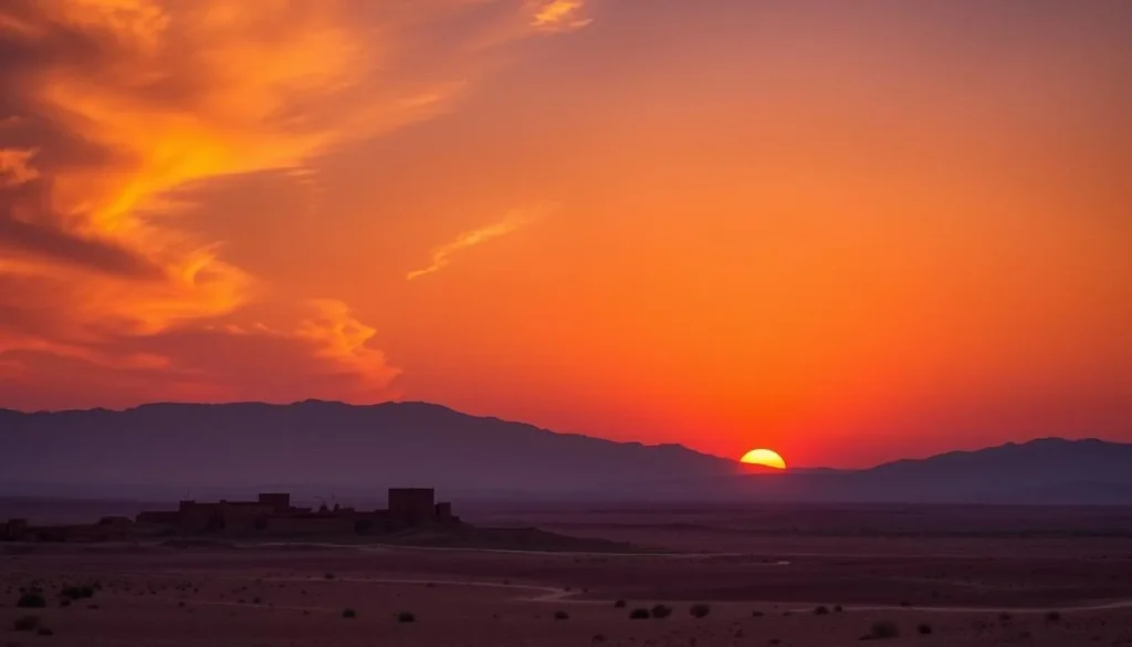 Panoramic sunset view of Tataouine landscape with ancient ksour silhouettes