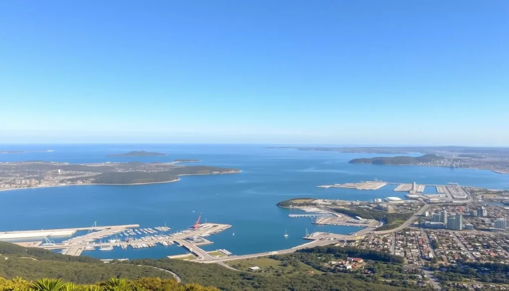 Panoramic view from Auckland Hill Lookout over Gladstone Harbor and city