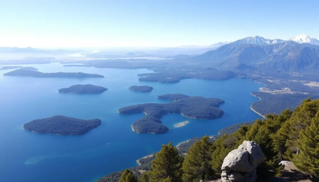 Panoramic view from Cerro Campanario overlooking lakes and mountains in Bariloche