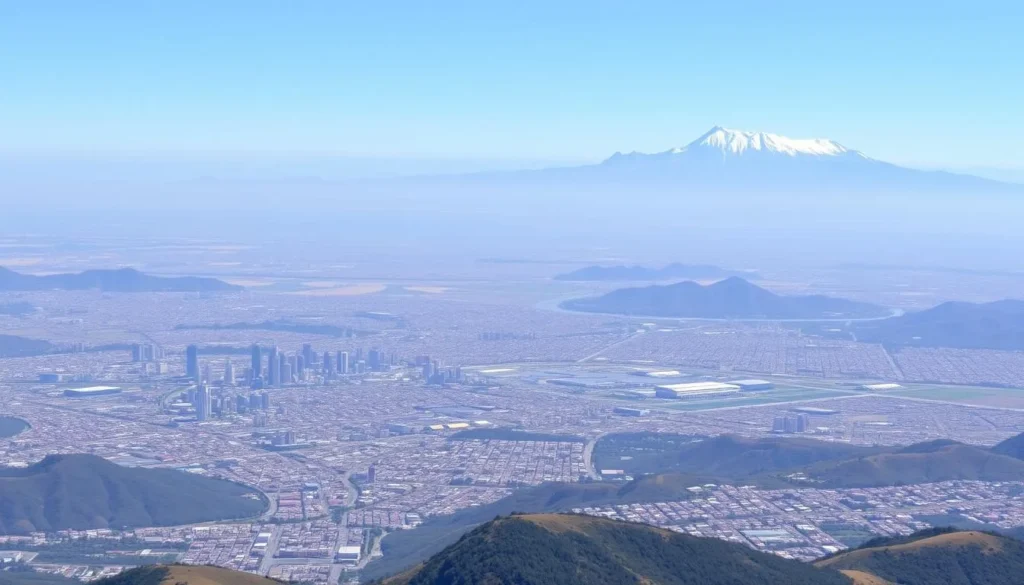 Panoramic view from Cerro Provincia summit showing Santiago and Andes mountains