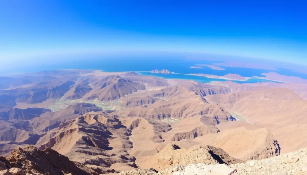 Panoramic view from Jebel Harim mountain showing the dramatic landscape of Musandam Peninsula