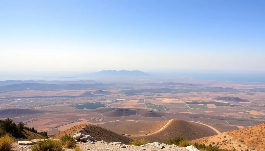 Panoramic view from Mount Tabor summit showing the Jezreel Valley and surrounding mountains