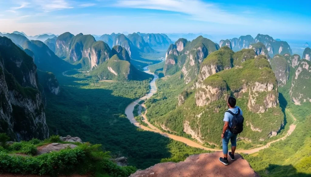 Panoramic view from Nam Xay Viewpoint showing Vang Vieng valley and karst mountains, a rewarding Vang Vieng, Laos things to do
