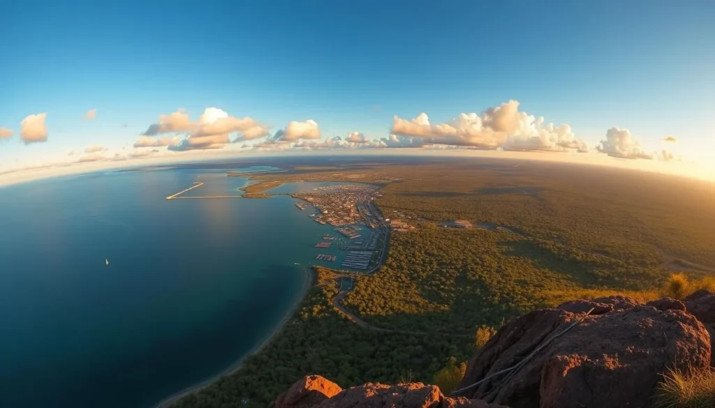 Panoramic view from Roy Marika Lookout in Nhulunbuy showing coastline and wetlands, Northern Territory