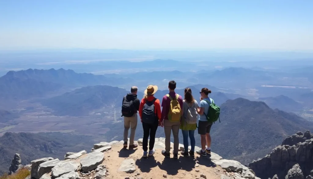 Panoramic view from Sant Jeroni peak showing hikers enjoying the vista across Catalonia to the Pyrenees