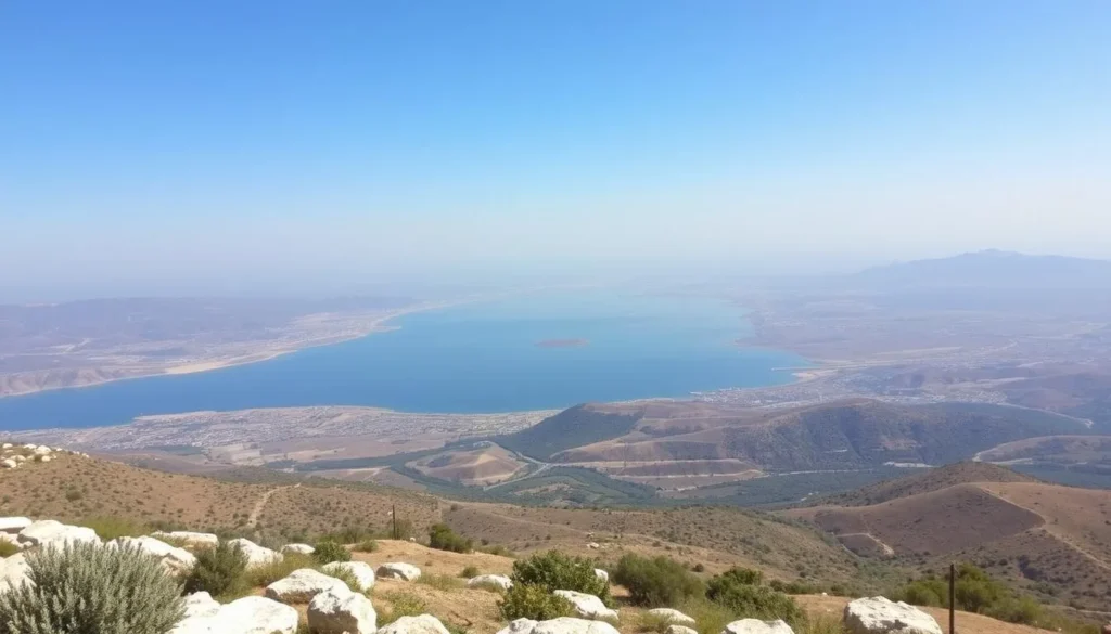 Panoramic view from Umm Qais showing the Sea of Galilee and surrounding landscapes Panoramic view from Umm Qais showing the Sea of Galilee and surrounding landscapes