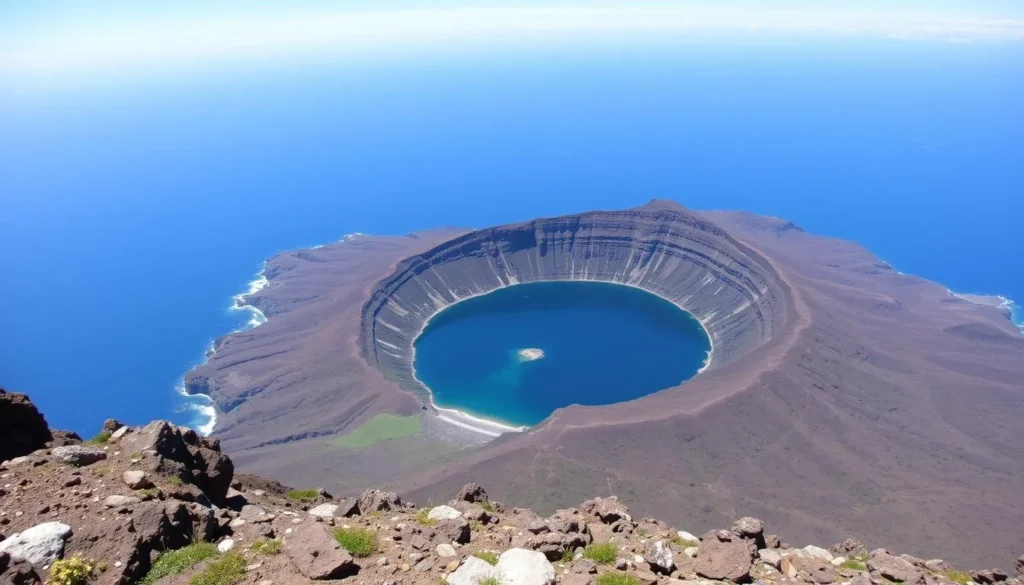 Panoramic view from the highest point of Isla Isabel showing the volcanic crater lake