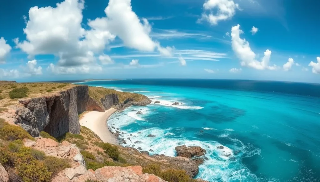 Panoramic view from the limestone cliffs at Two Foot Bay overlooking the Atlantic Ocean