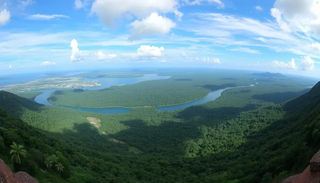 Panoramic view from the top of Serra da Piraoca showing Alter do Chao, Tapajós River, and surrounding rainforest Panoramic view from the top of Serra da Piraoca showing Alter do Chao, Tapajós River, and surrounding rainforest