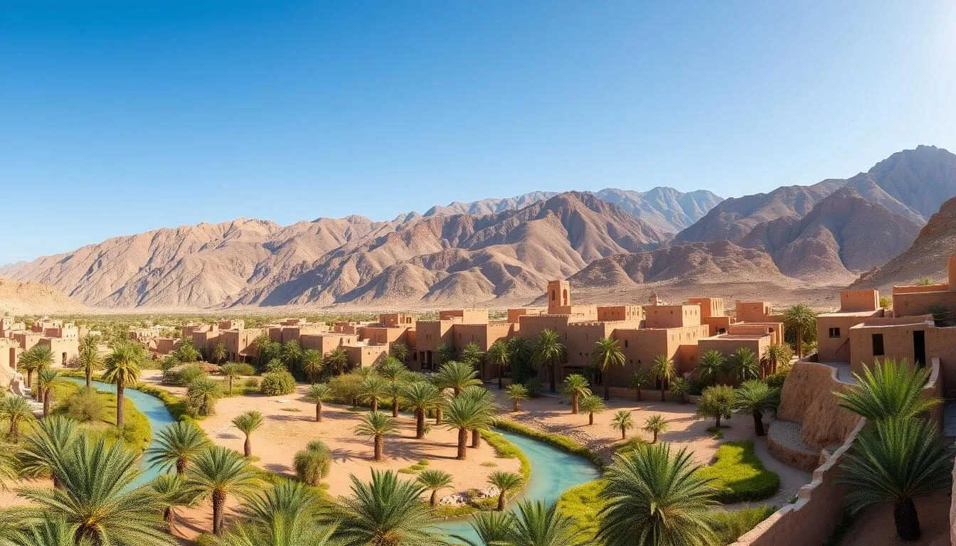 Panoramic view of Al Awabi village nestled in the Al Hajar Mountains of Oman with traditional houses and palm trees