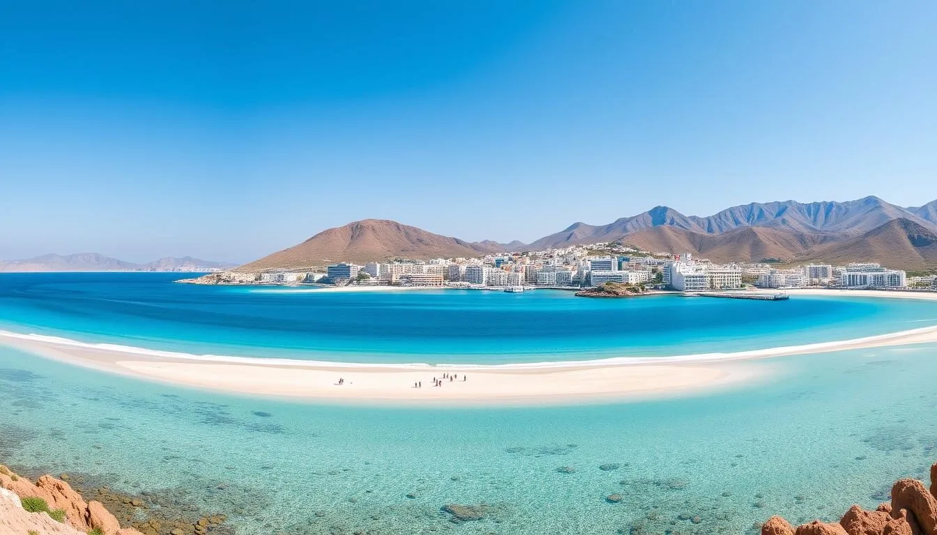 Panoramic view of Al Hoceima Morocco coastline with blue Mediterranean waters and white buildings along the shore