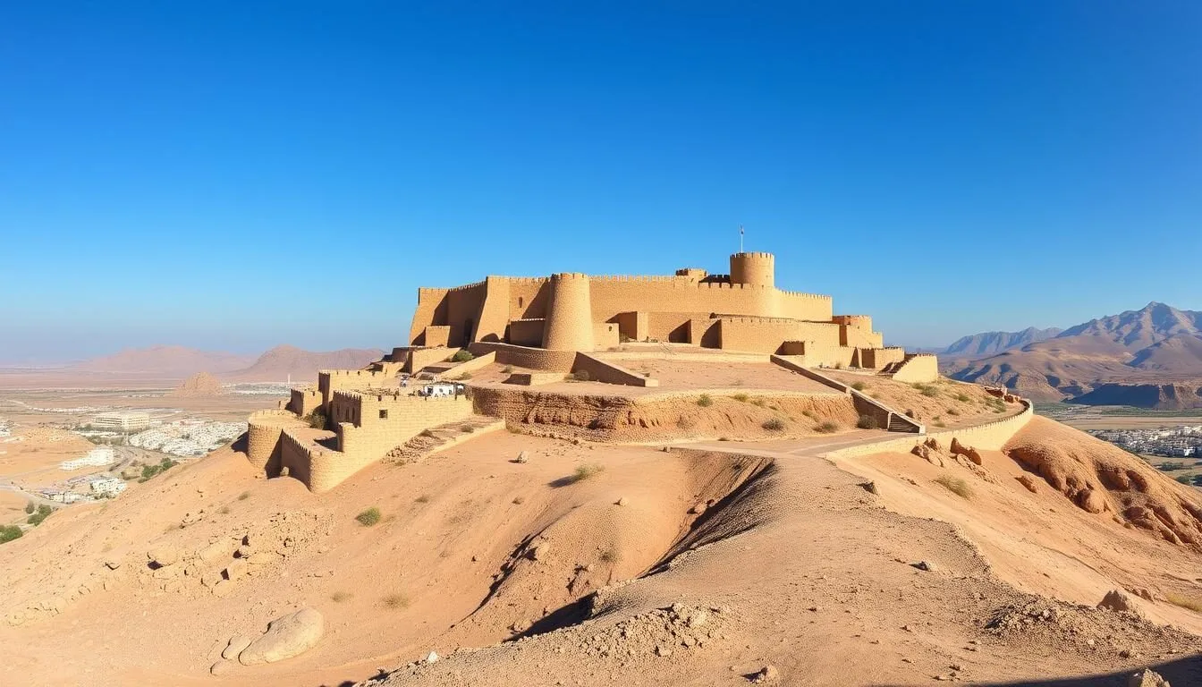 Panoramic view of Al-Karak Castle perched on a hill overlooking the city of Al-Karak, Jordan